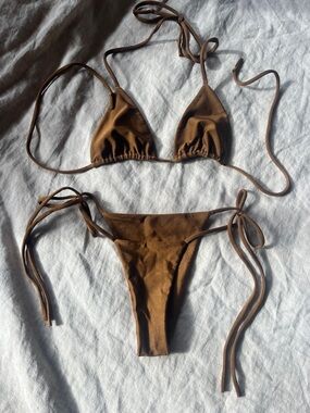 Adjustable Brown Tie-Side Triangle Bikini Set - Women Swim